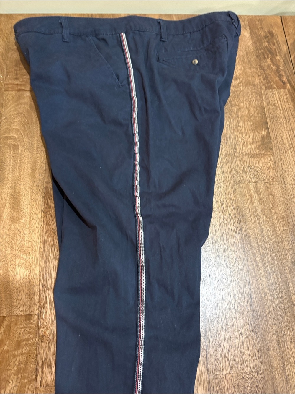 Democracy Tuxedo Stripe Pants with Frayed Hem, Mid Rise. Navy blue. 16